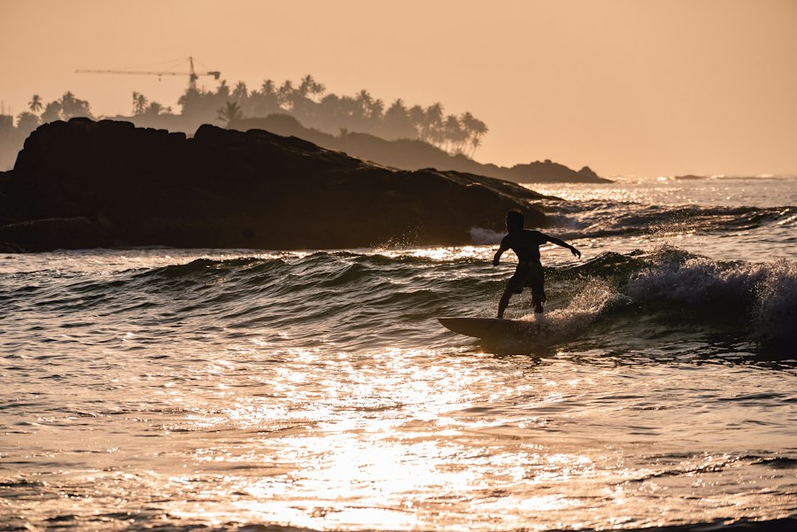 Surfing at sunset on Sri Lanka’s southern coast