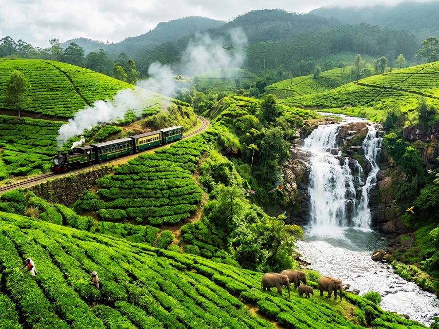 Hill-country train, tea pickers and elephants beside a waterfall in Sri Lanka's tea estates